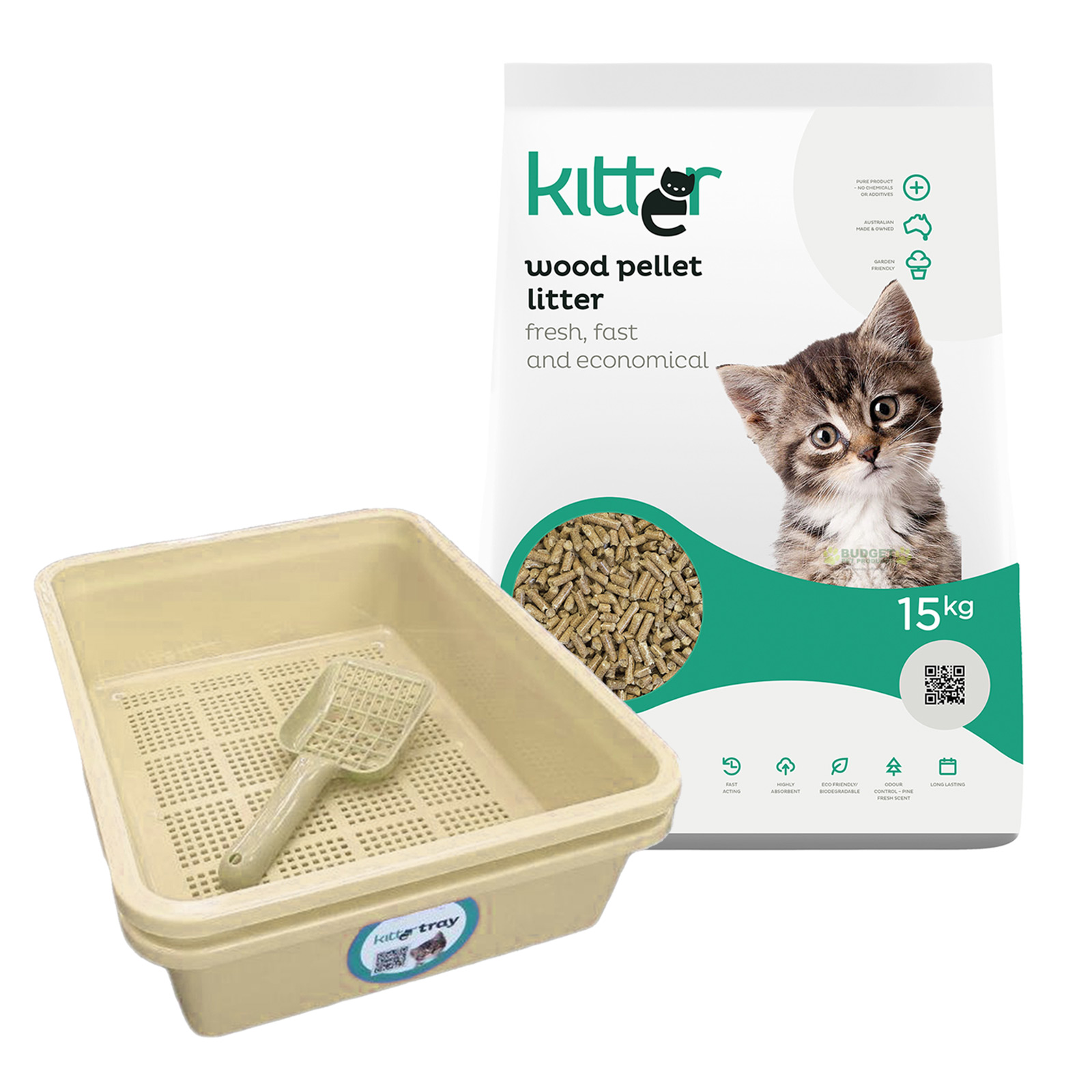 Kitter Wood Pellet Cat Litter 15kg With Kitter Beige Double Cat Litter